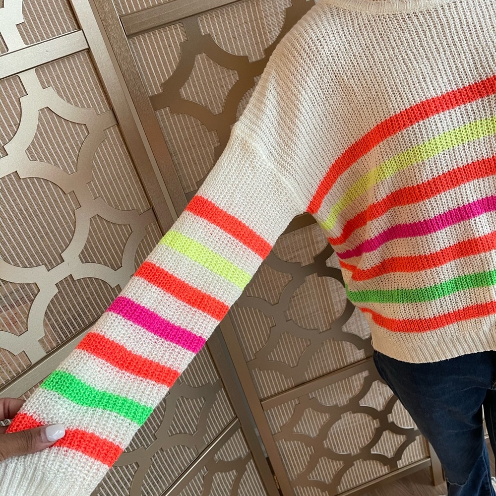 Pink Lily! Neon, Lightweight Sweater! Great for Spring & Summer! Stripes! MED/LG - Picture 4 of 6